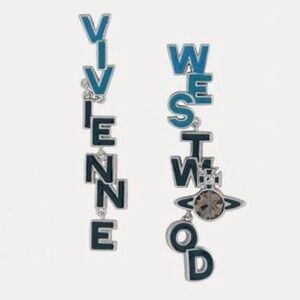 VIVIENNE WESTWOOD Soho Enamel Drop Logo Letter Earrings Blue Silver Crystal Orb
